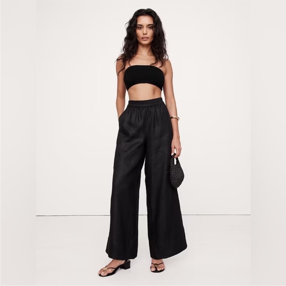 NEW!Banana Republic Black High-Rise Wide-Leg Linen Pull-On Ankle Pant 🩷 #772659